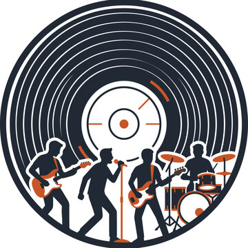 Rock band performing live on stage inside a circular vinyl record graphic. Music band silhouette with vinyl record logo design