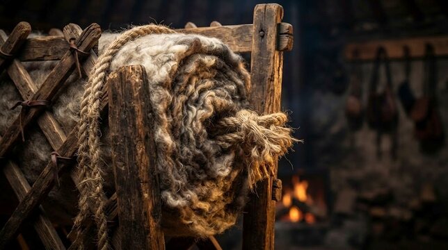 Raw wool roll on wooden spinning wheel in workshop