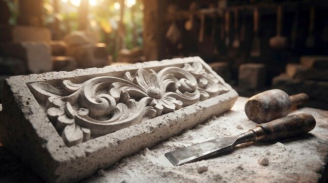 Stone carving with floral relief and chisel on table