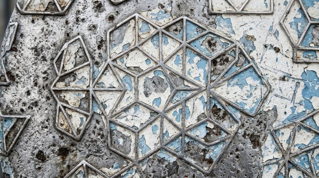 Geometric pattern of weathered white and blue paint texture