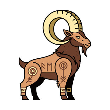 Stylized Yule Goat Illustration with Nordic Runes and Big Horns
