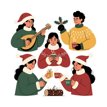 Group of Friends Celebrating Yule Holiday with Hot Drinks and Small Gifts