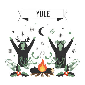 Celebrating Winter Solstice with Yule traditions and cozy bonfire illustration