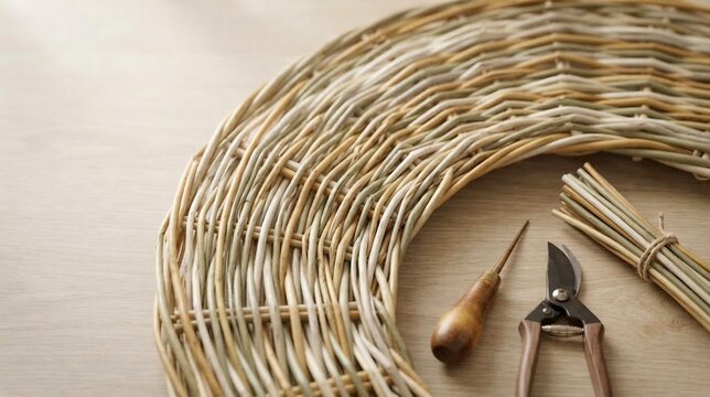 Wicker wreath crafting with pruning shears and awl