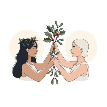 Diverse Women Share Mistletoe and Holly, Embracing the Sacred Yule Solstice Spirit
