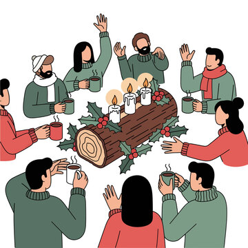 People celebrating around a Yule log with warm drinks and holiday spirit