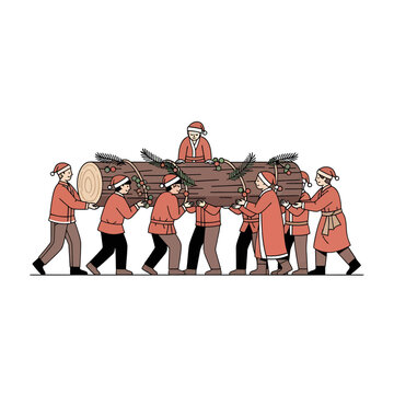 People carrying a Yule log for Christmas celebration holiday vector illustration