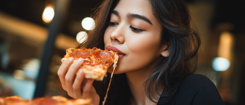 Pizza look so yummy or delicious food. Charming beautiful asia woman is eating pepperoni pizza and sticky mozzarella cheese. Attractive girl feels hungry and loves the taste. She sit at restaurant