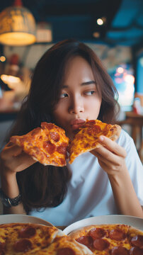 Pizza look so yummy or delicious food. Charming beautiful asia woman is eating pepperoni pizza and sticky mozzarella cheese. Attractive girl feels hungry and loves the taste. She sit at restaurant