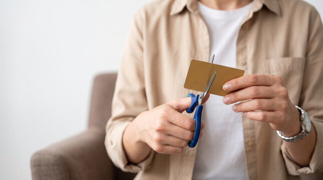 Credit card cut with scissors showing careful preparation. Finance crisis recession problem. bankruptcy bankrupt destroy loss, debt loan pay spending poverty