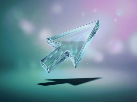 Transparent glass cursor in digital space with bokeh lights symbolizing modern interface design