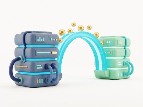 Two server racks connected by glowing data transfer bridge in 3d clay