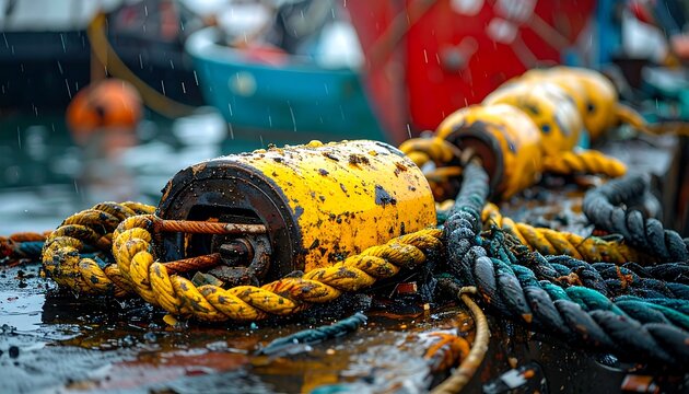 Close up of weathered yellow buoys and thick ropes on a wet dock.