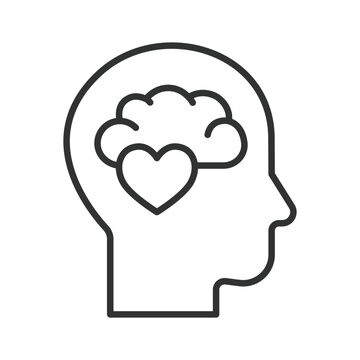 Mental health and emotional balance, icon in line design. Brain, heart, mind, psychology, emotion, health, wellbeing on white background vector. Mental health editable stroke icon.