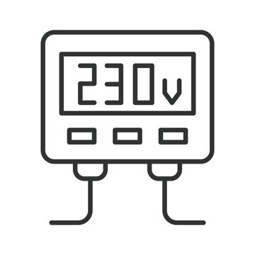Electrical voltage meter showing 230V, icon in line design. Electricity, voltage, energy, power, meter, measurement, utility on white background vector. Electrical meter editable stroke icon.