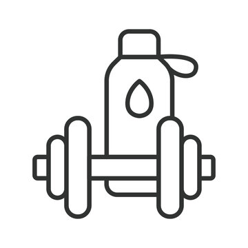 Fitness dumbbell and water bottle, icon in line design. Fitness, sport, gym, workout, healthy, hydration, exercise on white background vector. Fitness equipment editable stroke icon.