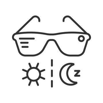Smart glasses with adaptive day and night mode, icon in line design. Smart glasses, adaptive, day, night, vision, technology, eyewear on white background vector. Smart glasses editable stroke icon