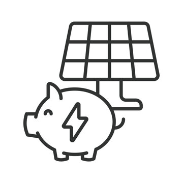 Solar energy saving and investment concept, icon in line design. Solar, energy, saving, renewable, finance, environment, sustainability, power on white background vector. Solar energy editable stroke