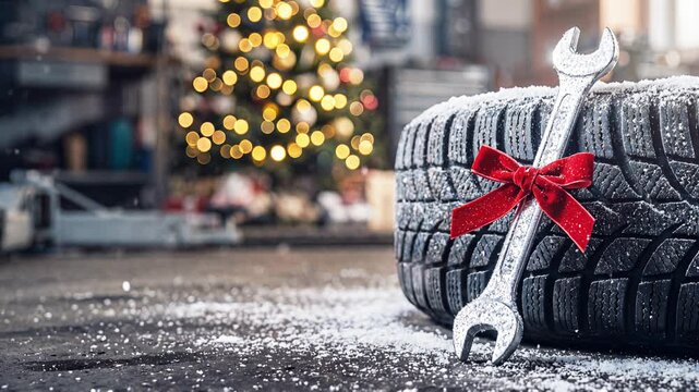 A wrench with a ribbon and a car tire with a Christmas tree. Auto mechanic New Year greetings from the car service, auto repair shop