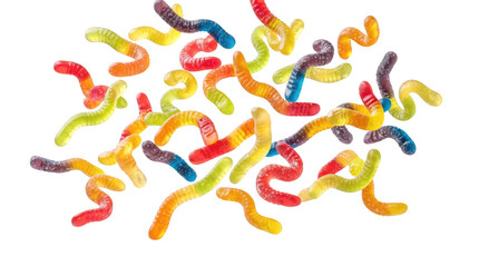 Fototapeta premium Falling gummy worms isolated on PNG transparent background