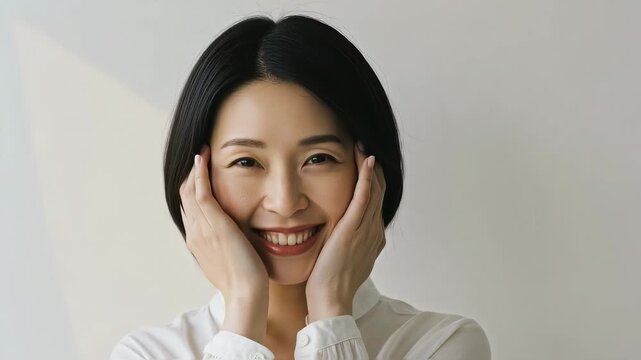 こめかみから頬に手を添えて笑顔になる女性