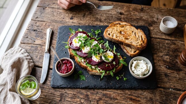 Artisan gourmet toast topped with sliced beets, creamy goat cheese, fresh herbs and greens on a dark slate