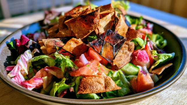 stained glass fattoush salad with toasted pita shards