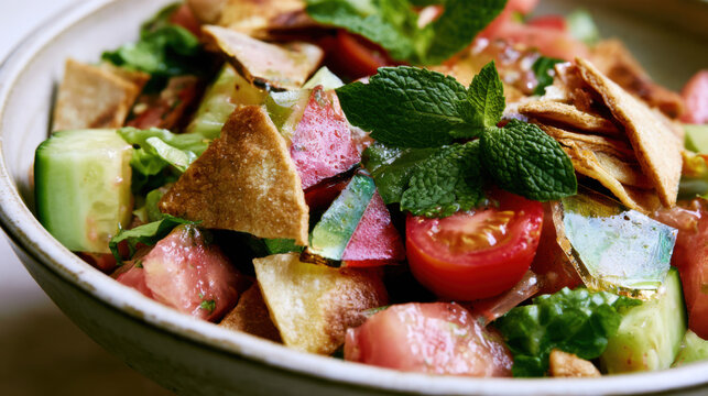 transparent fattoush salad with toasted pita shards