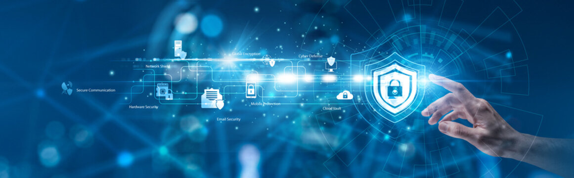 Cybersecurity. Security specialist pointing the hand at glowing perimeter defense shield and threat monitoring system node network. Risk mitigation and data protection.