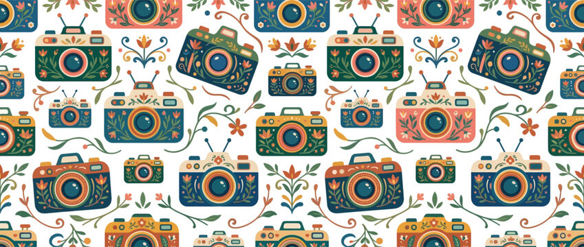 Detailed vintage camera pattern with colorful folk art style.