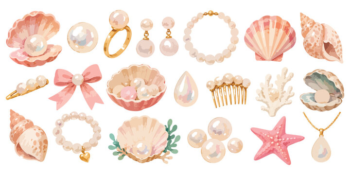 Watercolor Pearl Jewelry and Shells Clipart Set