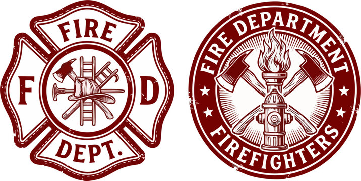 Fire Department and Firefighter Emblem Badge Collection with Crossed Axes, Fire Hydrant and Rescue Equipment