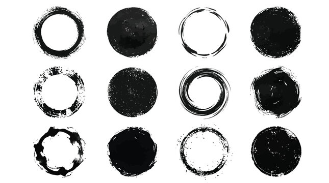 Black ink brush stroke circles collection showcasing various artistic textures and creative hand drawn designs