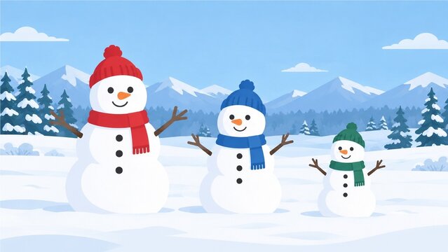 雪原に並ぶ大小3体の雪だるま
