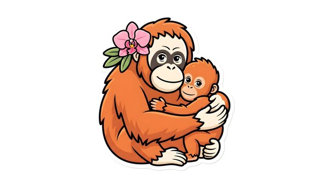 Mother orangutan hugging her baby with a pink orchid flower in her hair, cute wildlife family vector sticker illustration
