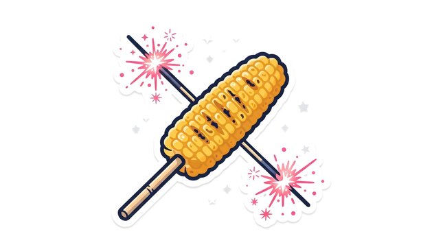 Grilled corn on a stick crossed with pink sparklers, Indonesian New Year's Eve street food vector sticker