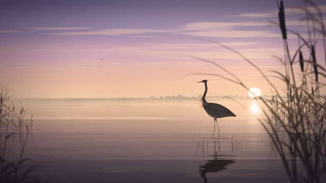 Grey Heron Catching Fish in Marsh Reeds at Dawn Seamless Loop