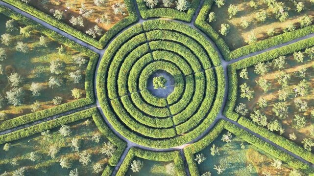 Aerial view of the circular maze in Trojska Zahrada, featuring lush green hedges, geometric patterns, and trees in the surrounding garden area in Hlavni mesto Praha, Hlavni mesto Praha, Czechia.