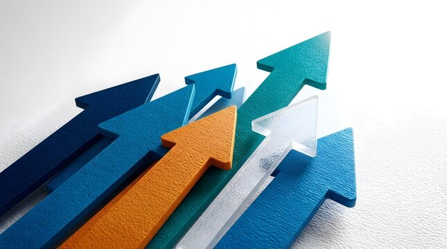 Multiple 3D arrows pointing upwards in different colors symbolizing growth progress success and positive trends on a textured white background.