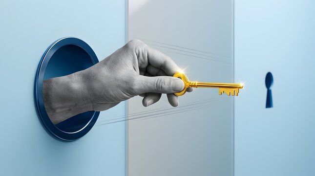 Hand holding a golden key emerging from a circular portal reaching towards a keyhole symbolizing access opportunity and solutions
