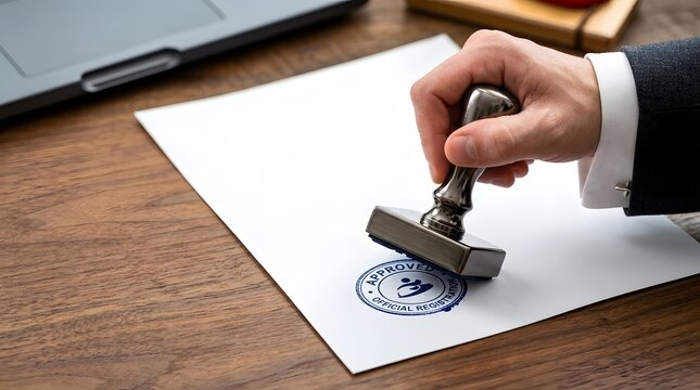 Close up of a hand in a suit stamping a document with an Approved Official Registration blue ink stamp on a white paper on a wooden desk with a laptop in the background.