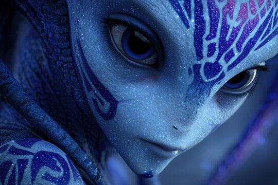 fantasy alien woman with pale blue skin and purple geometric face markings looking sideways, photorealistic