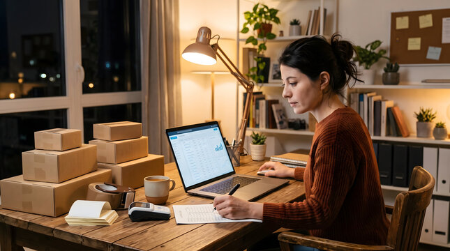 Hardworking female small business owner writing order notes and tracking sales on laptop with shipping packages at night suitable for ecommerce fulfillment and dropshipping enterprise promos