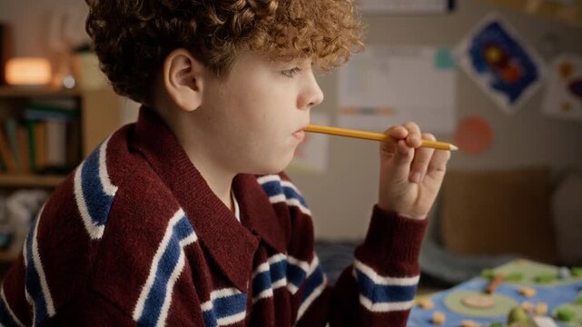 Caucasian teenage boy thinking with pencil and writing answers on test worksheet during homework session. Footage suitable for school tutoring services and educational campaigns