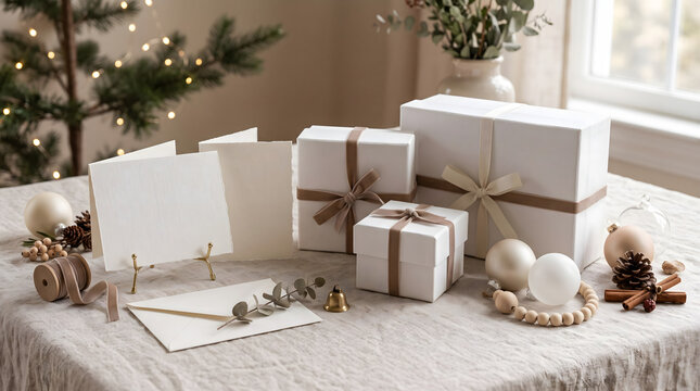 Cozy holiday greeting card mockup with blank paper cards and elegant gift boxes on linen table with soft bokeh fairy lights perfect for Christmas invitation designs and seasonal brand promos