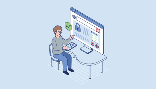 Man uses a computer to access a secure website featuring a lock icon and data protection settings in this clean isometric illustration.