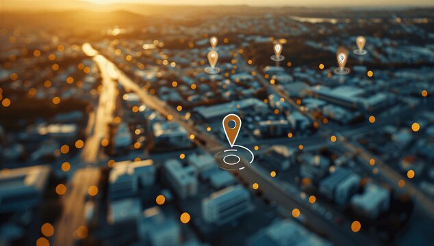Aerial city scene with glowing map pin and geofence ring, illustrating geofencing and location based service for local targeting, navigation, and spatial tracking.