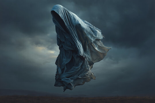 fantasy art of fabric ghostly figure draped in blue gray fabric leaning forward with ragged hem above barren land, photorealistic