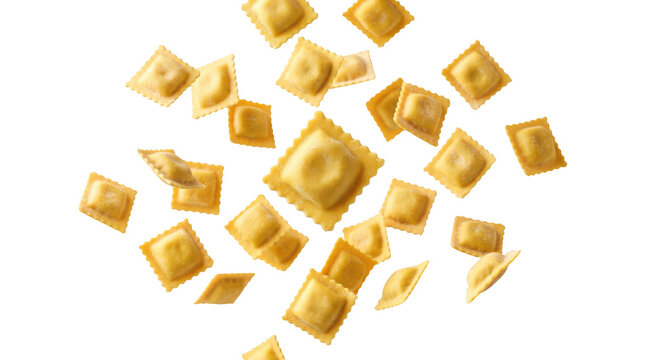 Falling ravioli pasta isolated on PNG transparent background