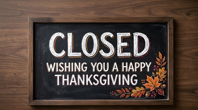 Chalkboard sign with the word closed and the message wishing you a happy thanksgiving decorated with autumn leaves and berries on a wooden background
